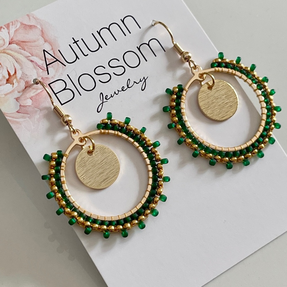 Handmade green and gold beaded earrings